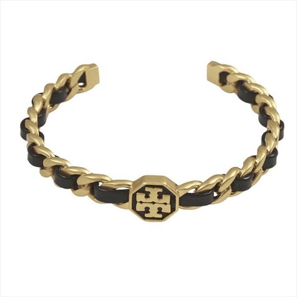 NWT Tory Burch Gold Logo,Black Leather Braided cuff Bracelet - Picture 1 of 9